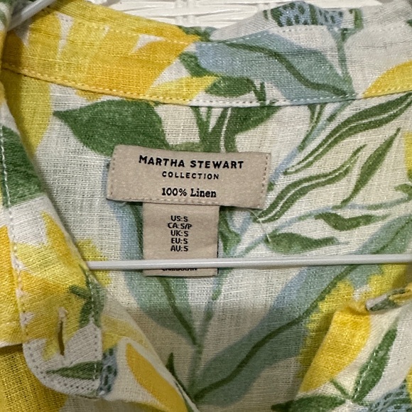 Martha Stewart Linen Lemon & Leaf Button-Down Shirt in Yellow and Green - Picture 2 of 8